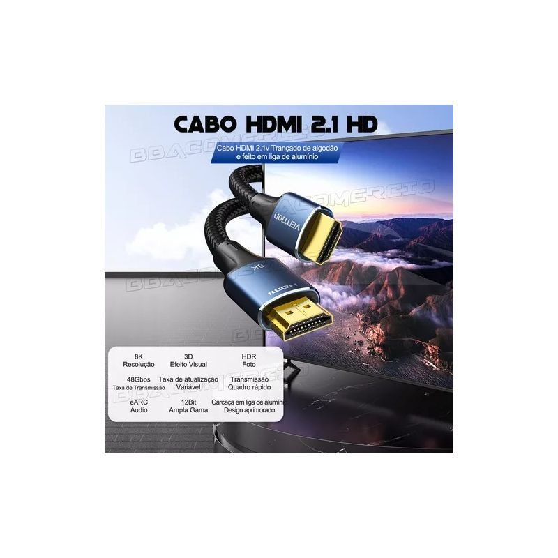 CABO HDMI MACHO X HDMI MACHO 8K VERSÃO 2.1 ALTA DEFINIÇÃO 3 METROS GRASEP D-8K013M