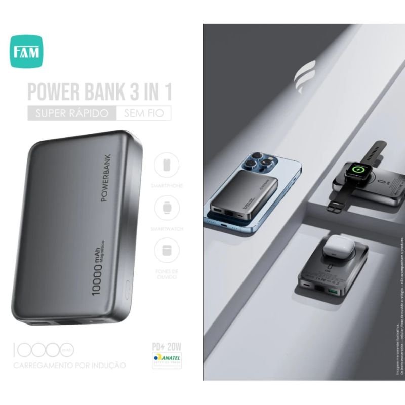 CARREGADOR PORTÁTIL POWER BANK VIA CABO E INDUÇÃO 10000MAH FAM L10019