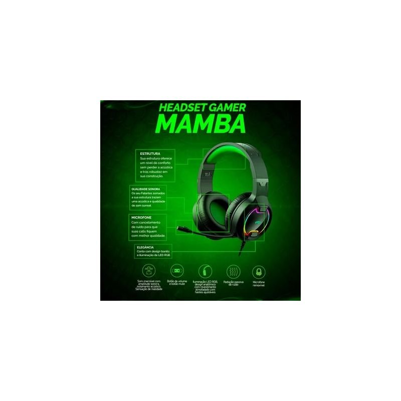 FONE DE OUVIDO HEADSET GAMER MAMBA RGB COM MICROFONE P2+P3+USB VIPER PRO GAMER VI403