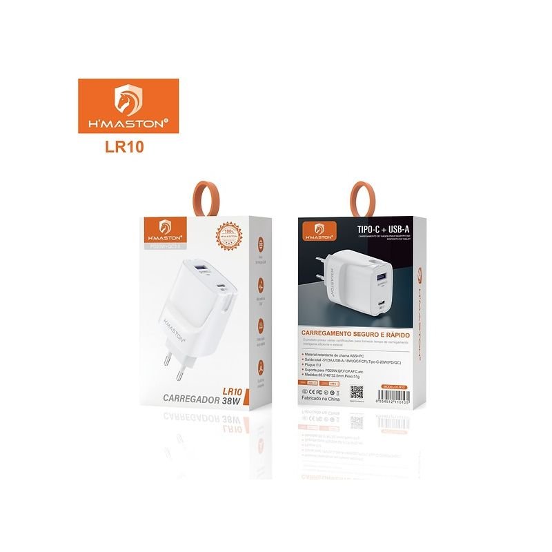 FONTE CARREGADOR RÁPIDO 1 USB 18W + 1 TIPO-C 20W BRANCO HMASTON LR10
