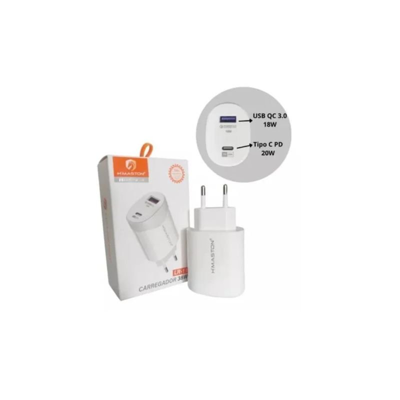 FONTE CARREGADOR RÁPIDO 38W (1 USB 18W + 1 TIPO-C 20W) HMASTON LR11