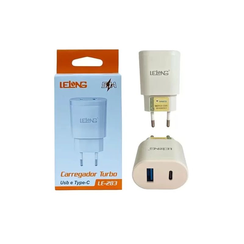 FONTE CARREGADOR TIPO-C E USB TURBO 5.1A BRANCO LELONG LE-283
