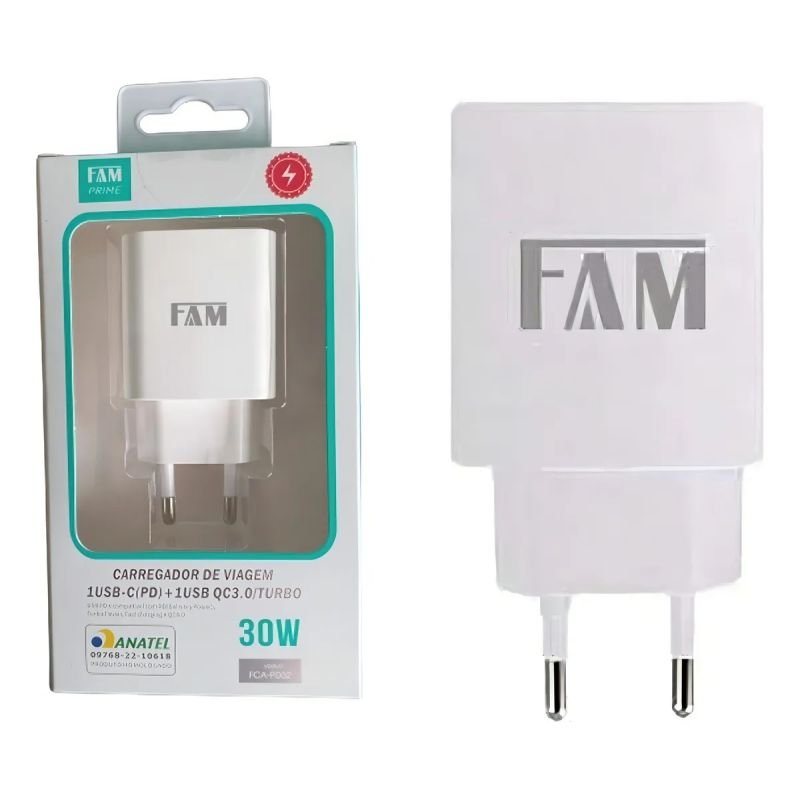 FONTE CARREGADOR TIPO-C (PD) + USB 3.0 35W 3A FAM FCA-PD32