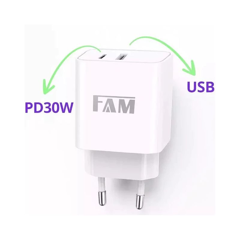 FONTE CARREGADOR TIPO-C (PD) + USB 3.0 35W 3A FAM FCA-PD32